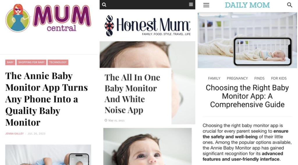 Brand collaboration with Annie Baby Monitor, examples of articles within reputable blogs such as Daily Mom, Honest mum and Mum Central